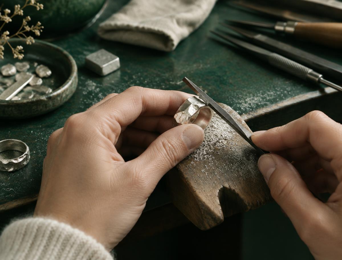 Visualisatie van een zilveren ring in bewerking op een werkbank