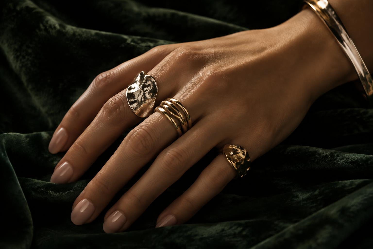Handgemaakte organische ringen in zilver en goud op groen fluweel